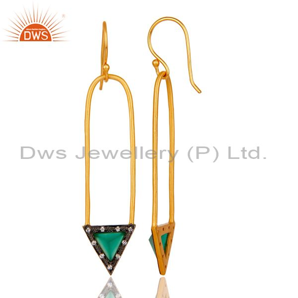 Suppliers 18k Gold Plated Green Onyx & Zirconia Charm Arrow Design Dangle Brass Earrings