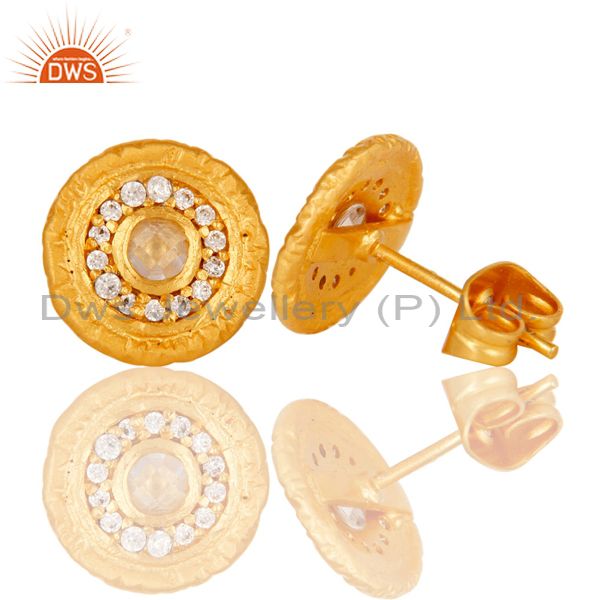 Suppliers 18k Gold Plated Round Hanmde Brass Stud Earrings with Cubic Zarconia