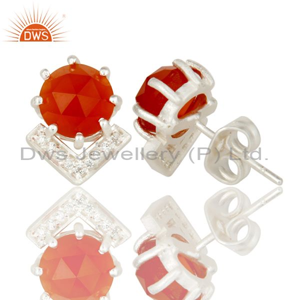 Suppliers Carnelian and White Zircon With Sterling Silver Plated Brass Stud Earrings
