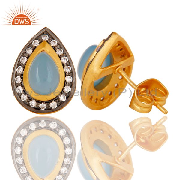 Suppliers 18k Gold Plated Handmade Pear Shpe Design Brass Earrings with Chalcedony & CZ