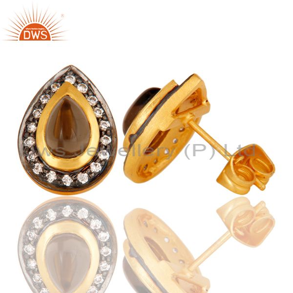Suppliers 18k Gold Plated Handmade Pear Shape Design Brass Earrings with Smokey & CZ