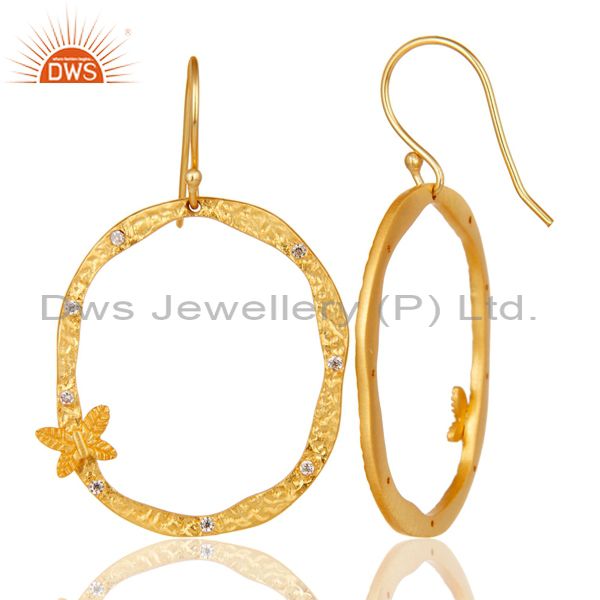 Suppliers 22k Gold Plated Handmade Butterfly Style White Zirconia Brass Dangle Earrings