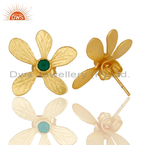 Suppliers Handmade 18k Gold Plated Flower Design Brass Studs Earrings With Green Onyx