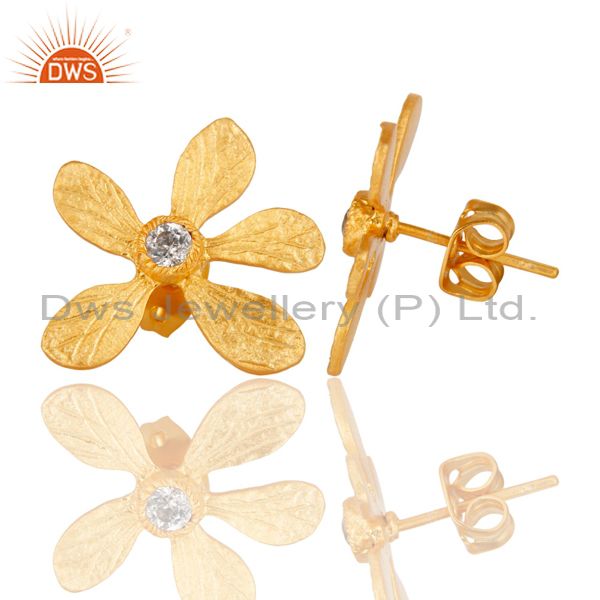 Exporter 14K Yellow Gold Plated Handmade Flower Design White Zirconia Stud Brass Earrings