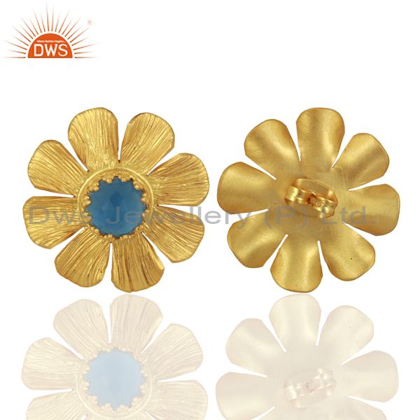 Exporter Blue Chalcedony Stud 18K Yellow Gold Plated Brass Earrings Jewelry