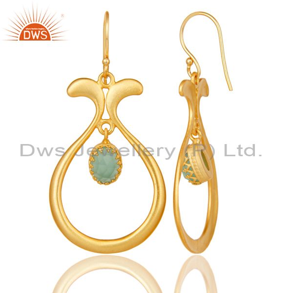 Suppliers 18K Yellow Gold Plated Handmade Temple Design Aqua Cultured Brass Drops Earrings