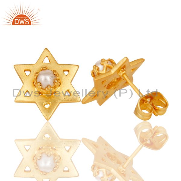 Suppliers 18K Gold Plated Handmade Star Design Pearl Brass Studs Earrings Jewellery