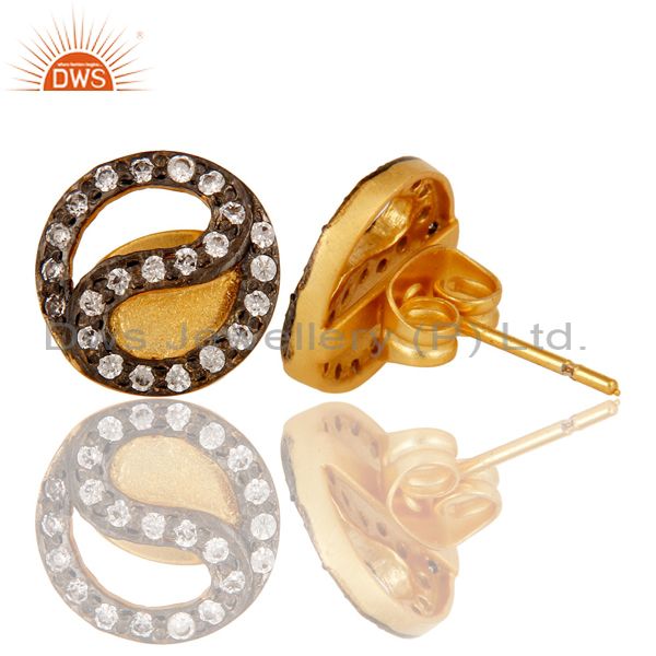 Suppliers 18k Yellow Gold Plated Handmade Round Design White Zirconia Brass Studs Earrings