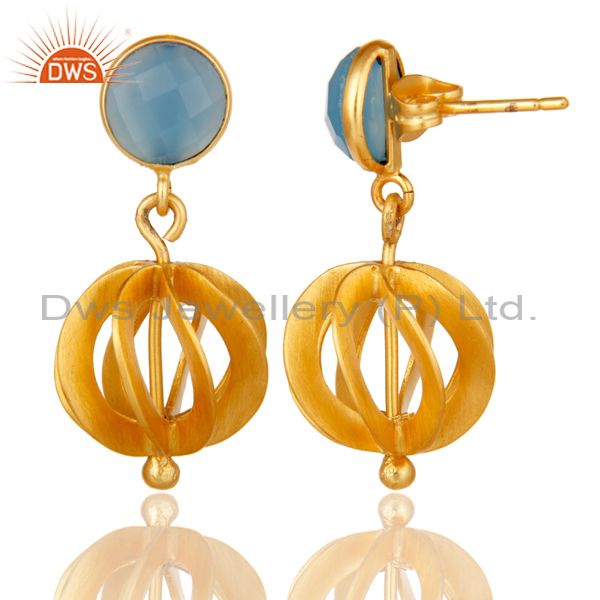 Suppliers Blue Chalcedony Gemstone Gold Plated Brass Fashion Earrings Jewelry