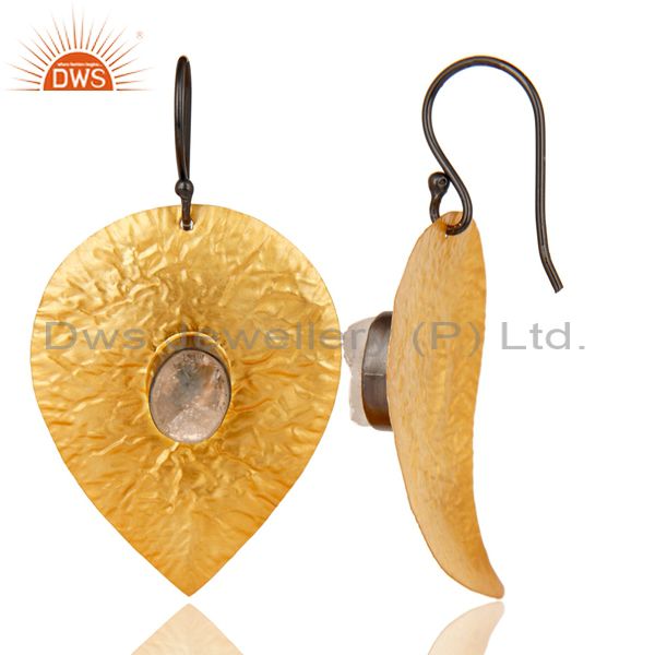 Exporter 14K Gold Plated Traditional Handmade Leaf Design Crystal Quartz Brass Earrings
