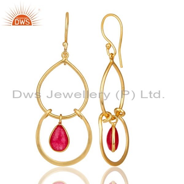 Suppliers 14K Yellow Gold Plated Handmade Natural Red Aventurine Bezel Set Drops Earrings