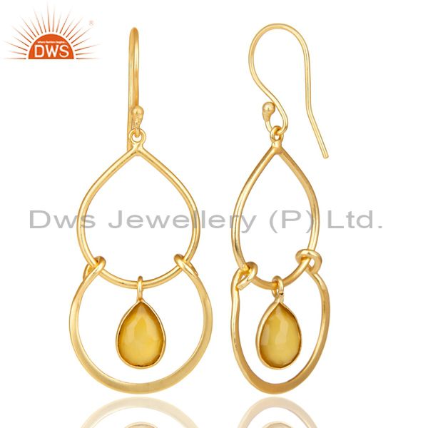 Suppliers 14K Yellow Gold Plated Handmade Dyed Yellow Chalcedony Bezel Set Drops Earrings