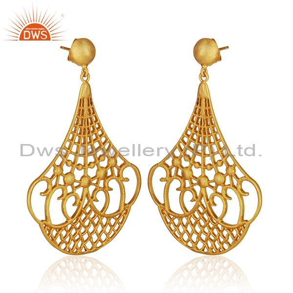 Exporter Handmade Filigree Design Gold Plated Brass Dangle Earrings Jewelry