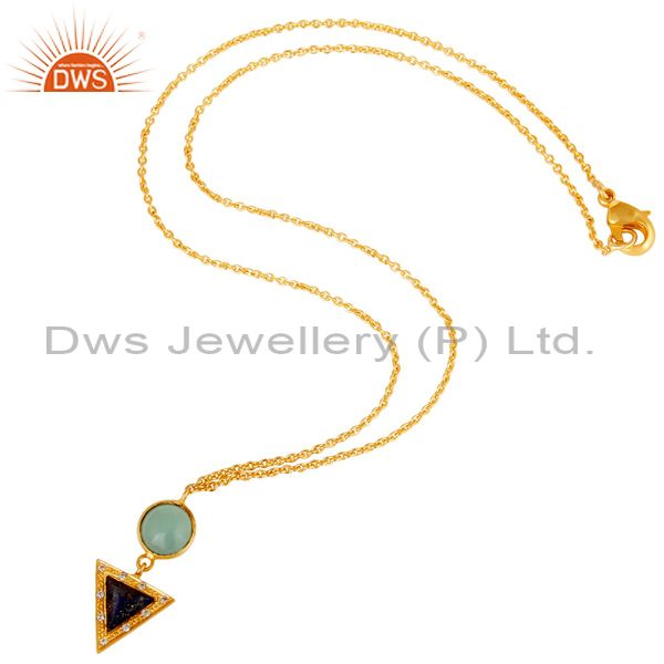 Suppliers 22K Gold Plated Lapis Lazuli, Aqua & White Zirconia Chain Pendant Necklace