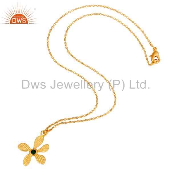 Suppliers 18k Gold Plated Natural Green Onyx Handmade Flower Style Brass Chain Pendant