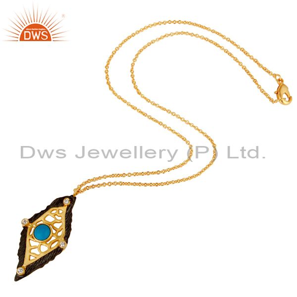 Suppliers Natural Turquoise & White Zirconia Brass Chain Pendant With 18K Gold Plated