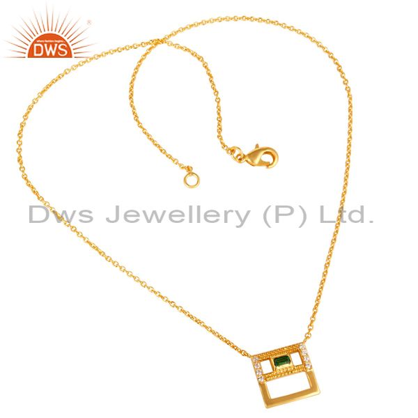 Suppliers Green & White Zirconia 18K Gold Plated Handmade Brass Chain Pendant Necklace