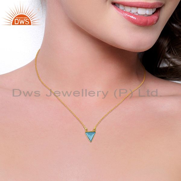 Suppliers Blue Stone Trianngle Pendent 14K Gold Plated Chain Pendent