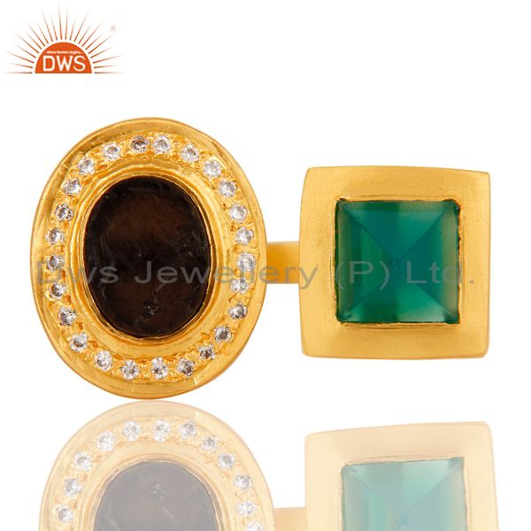 Suppliers Green Onyx, White Zircon & Smokey Rough with 18k Gold Plated Brass Ring