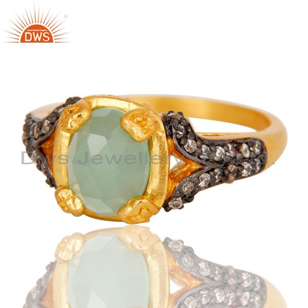 Exporter 18k Gold Plated Handmade Stackable Brass Ring with Aqua & Cubic Zarconia
