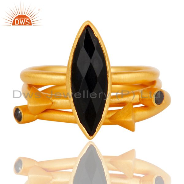 Suppliers 18k Gold Plated Three Set Brass Ring with Black Onyx & White Zircon