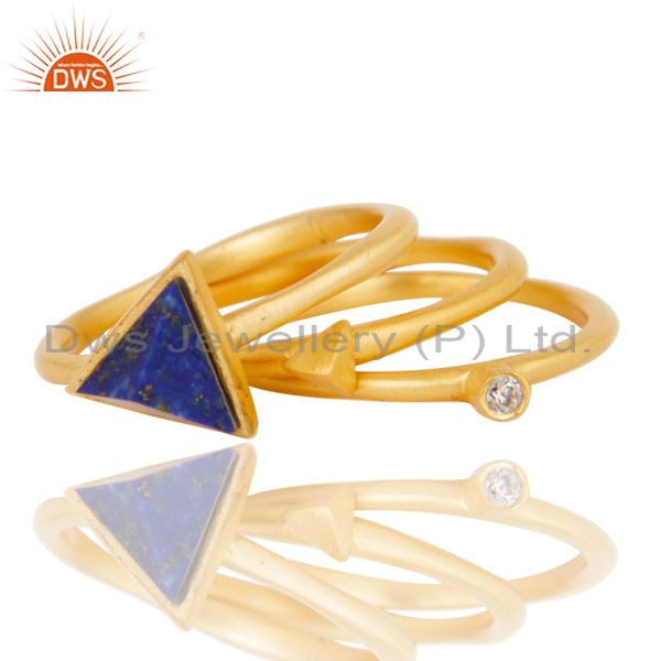 Suppliers 18K Gold Plated Lapis Lazuli & White Zirconia 3 Set Of Brass Stackable Ring