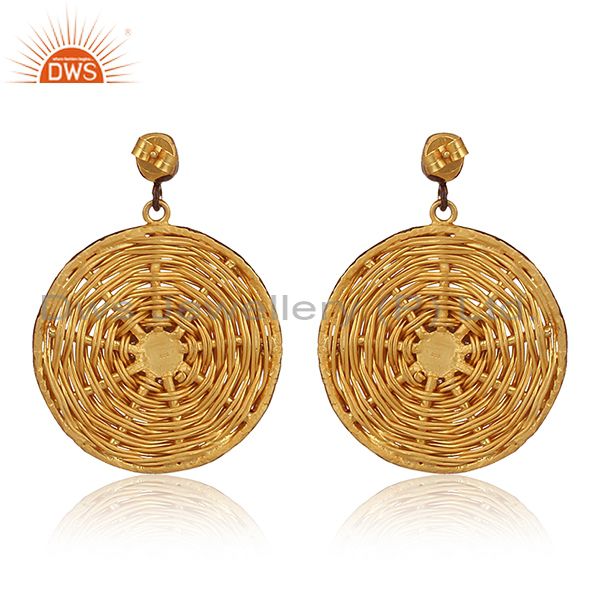 24k yellow gold plated sterling silver cubic zirconia net design disc earrings