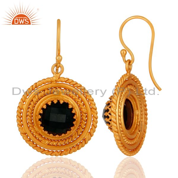 Suppliers Gold Plated 925 Sterling Silver Twisted Wire Black Onyx Gemstone Dangle Earrings
