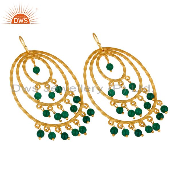 Suppliers 22K Yellow Gold Plated Sterling Silver Green Onyx Hammered Chandelier Earrings