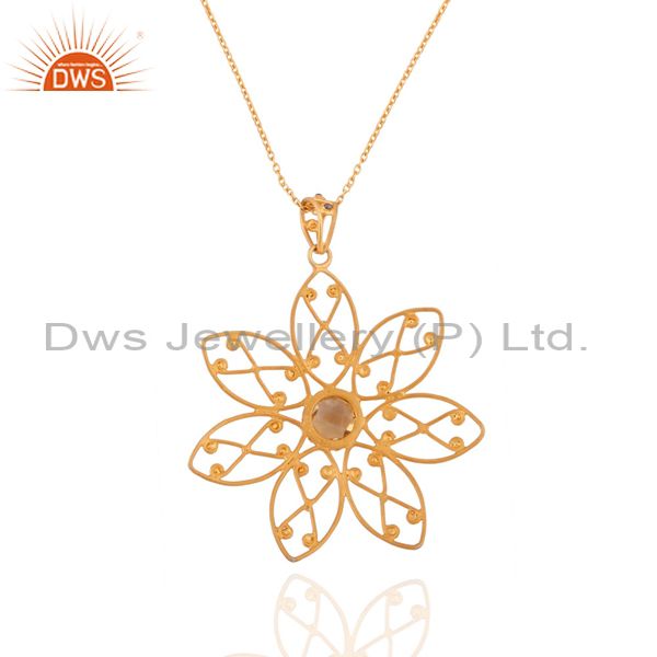 Suppliers Handmade Flower Design Citrine Gemstone 24k Gold Over Sterling SIlver Pendant 30