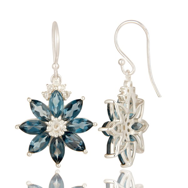 925 Sterling Silver London Blue Topaz And White Topaz Flower Dangle Earrings
