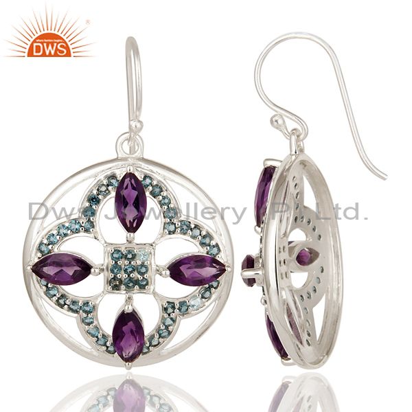 Suppliers 925 Sterling Silver Amethyst And Blue Topaz Flower Cluster Dangle Earrings