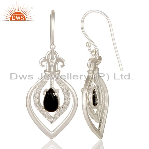 Suppliers 925 Sterling SIlver Black Onyx And White Topaz Fleur-de-lis Design Dangle Earrin