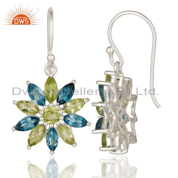 Suppliers 925 Sterling Silver Blue Topaz & Peridot Gemstone Cluster Flower Dangle Earrings