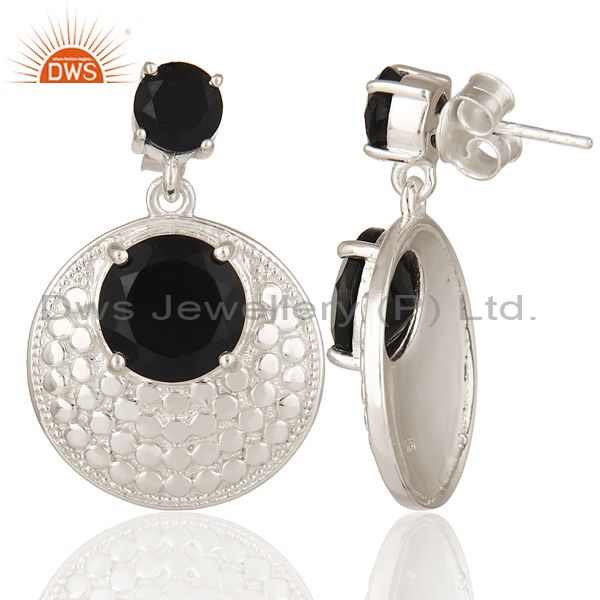 Suppliers Natural Black Onyx Gemstone Prong Set Sterling Silver Disc Dangle Earrings