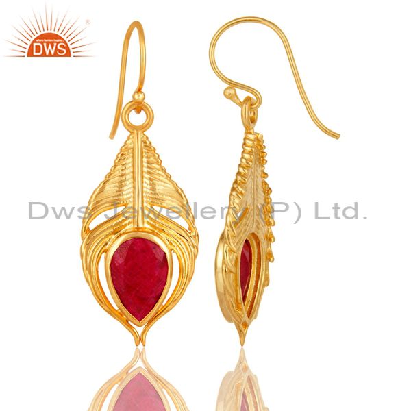 Suppliers 18K Gold Plated Sterling Silver Red Corundum Peacock Feather Dangle Earrings