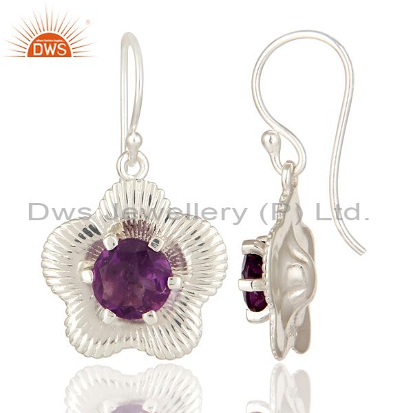 Suppliers 925 Sterling Silver Prong Set Natural Amethyst Gemstone Floral Design Earrings