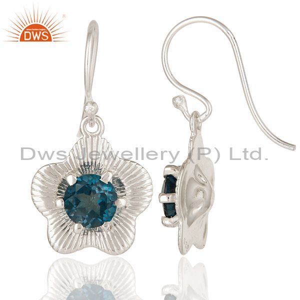 Suppliers High Polish Sterling Silver London Blue Topaz Prong Set Flower Dangle Earrings