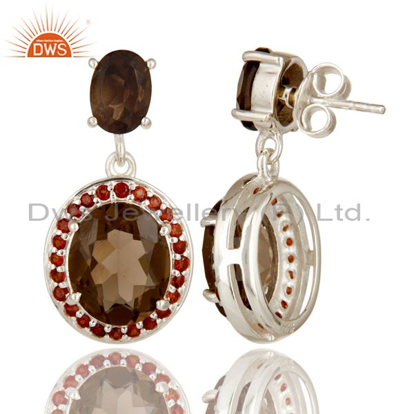Suppliers 925 Sterling Silver Natural Smoky Quartz And Garnet Gemstone Prong Set Earrings