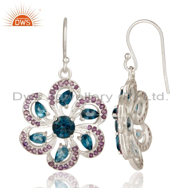 Suppliers 925 Sterling Silver London Blue Topaz And Amethyst Flower Dangle Earrings