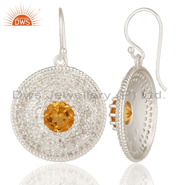 Suppliers 925 Sterling Silver Citrine And White Topaz Gemstone Disc Dangle Earrings