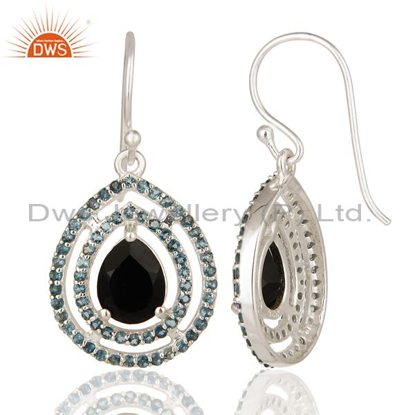 Suppliers Natural Black Onyx And Blue Topaz Sterling Silver Hook Dangle Earrings
