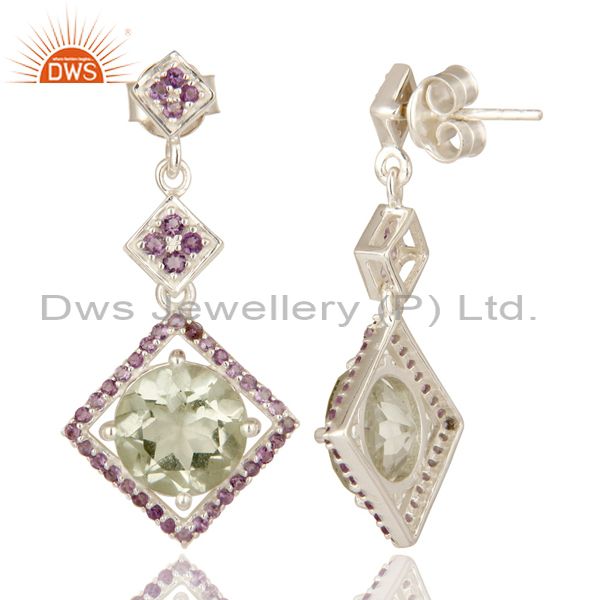 Suppliers 925 Sterling Silver Green Amethyst And Purple Amethyst Cluster Dangle Earrings