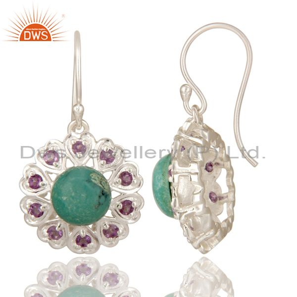Suppliers 925 Sterling Silver Natural Turquoise And Amethyst Gemstone Dangle Earrings