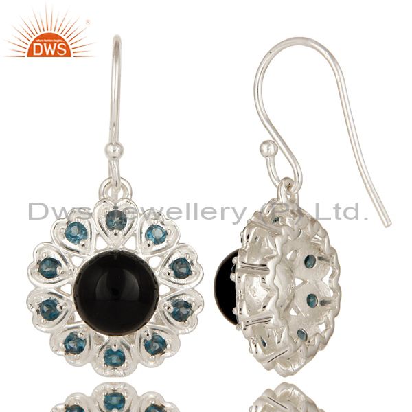 Suppliers 925 Sterling Silver Natural Black Onyx And Blue Topaz Gemstone Dangle Earrings