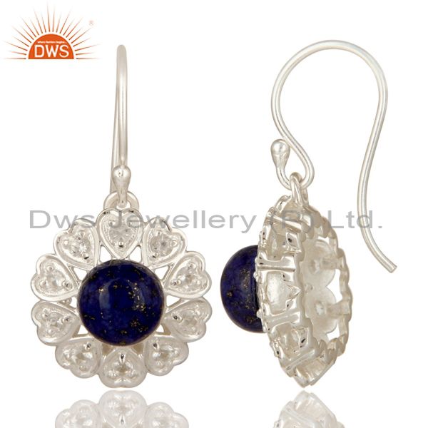 Suppliers Lapis Lazuli And White Topaz Gemstone Sterling Silver Designer Heart Earrings