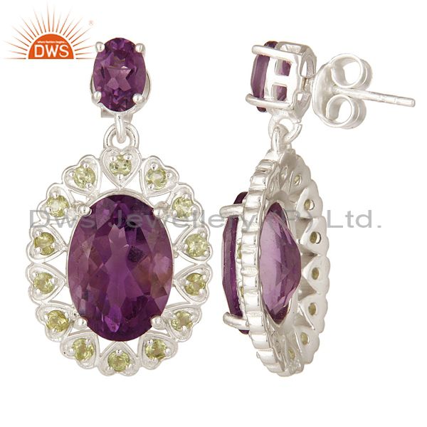 Suppliers 925 Sterling Silver Natural Amethyst And Peridot Fine Gemstone Dangle Earrings