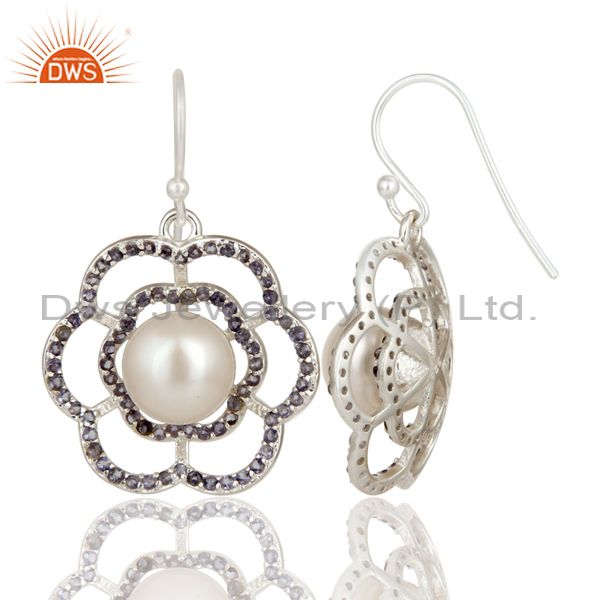 Suppliers 925 Sterling Silver White Pearl And Iolite Flower Dangle Earrings