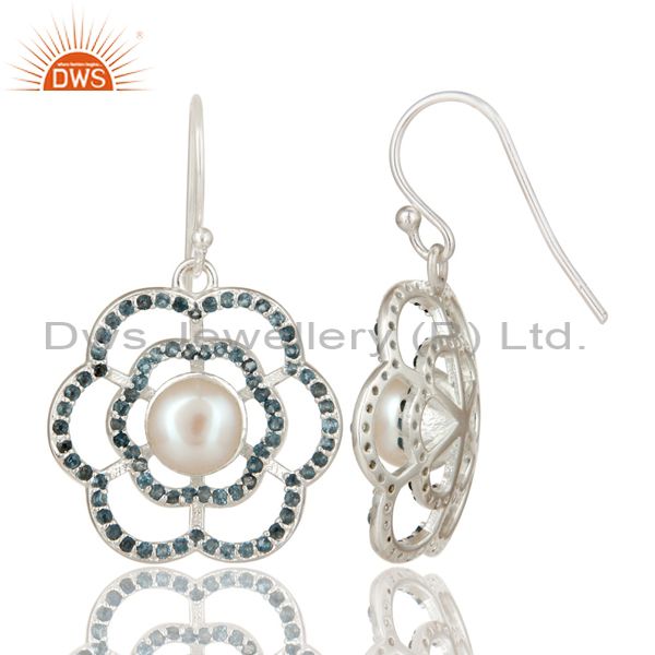 Suppliers 925 Sterling Silver White Pearl And Blue Topaz Flower Dangle Earrings