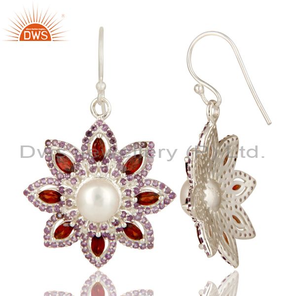 Suppliers 925 Sterling Silver Amethyst, Garnet And Pearl Flower Designer Dangle Earrings